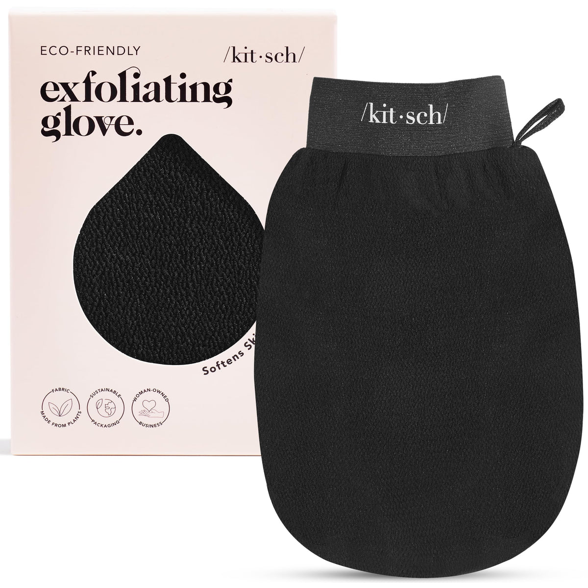 Kitsch glove front packaging showing black mitt and brand for easy identification