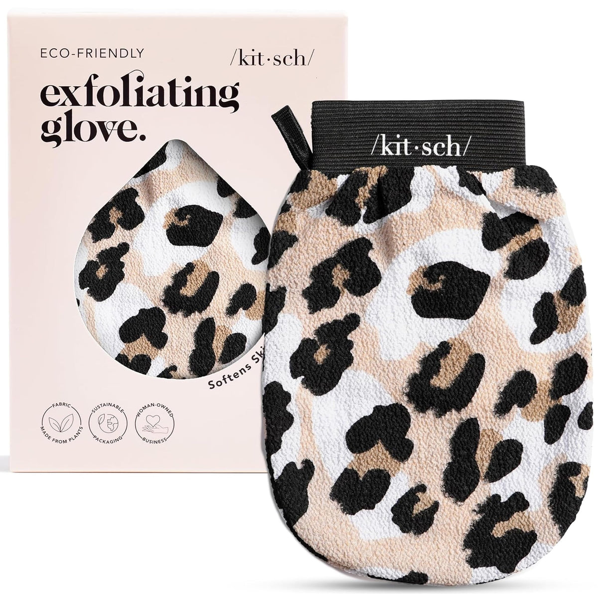 Kitsch exfoliating glove front view shows leopard print and even exfoliation benefit