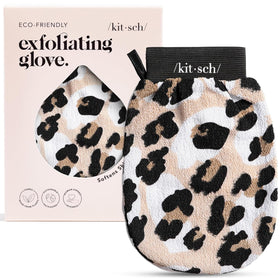 Kitsch exfoliating glove front view shows leopard print and even exfoliation benefit