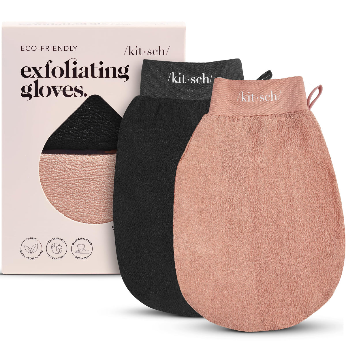 Kitsch exfoliating gloves front packaging showing two mitts and benefits