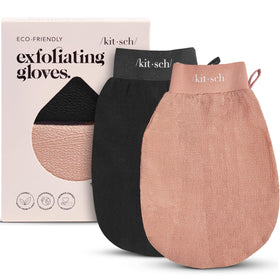 Kitsch exfoliating gloves front packaging showing two mitts and benefits
