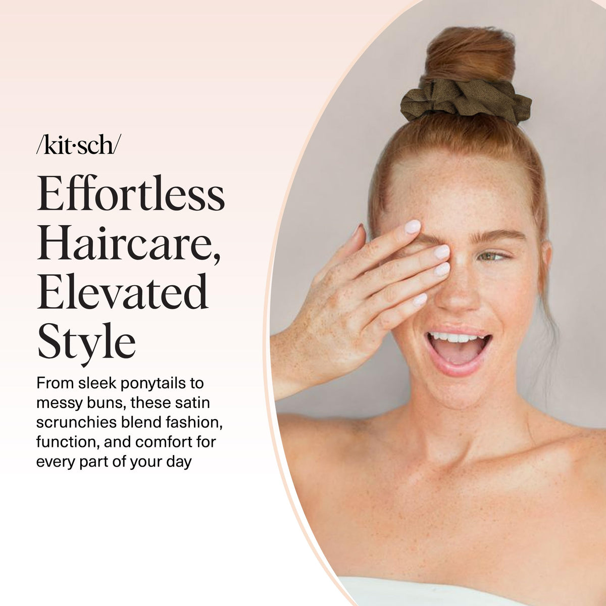 Kitsch overhead of five scrunchies laid flat showing color variation and versatility