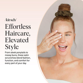 Kitsch overhead of five scrunchies laid flat showing color variation and versatility