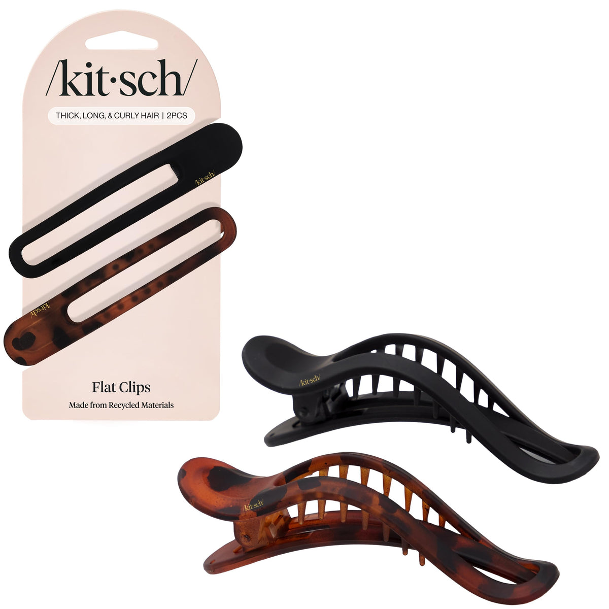 Kitsch flat clips front packaging showing sleek black and tortoise pair and compact design, ideal for everyday styling