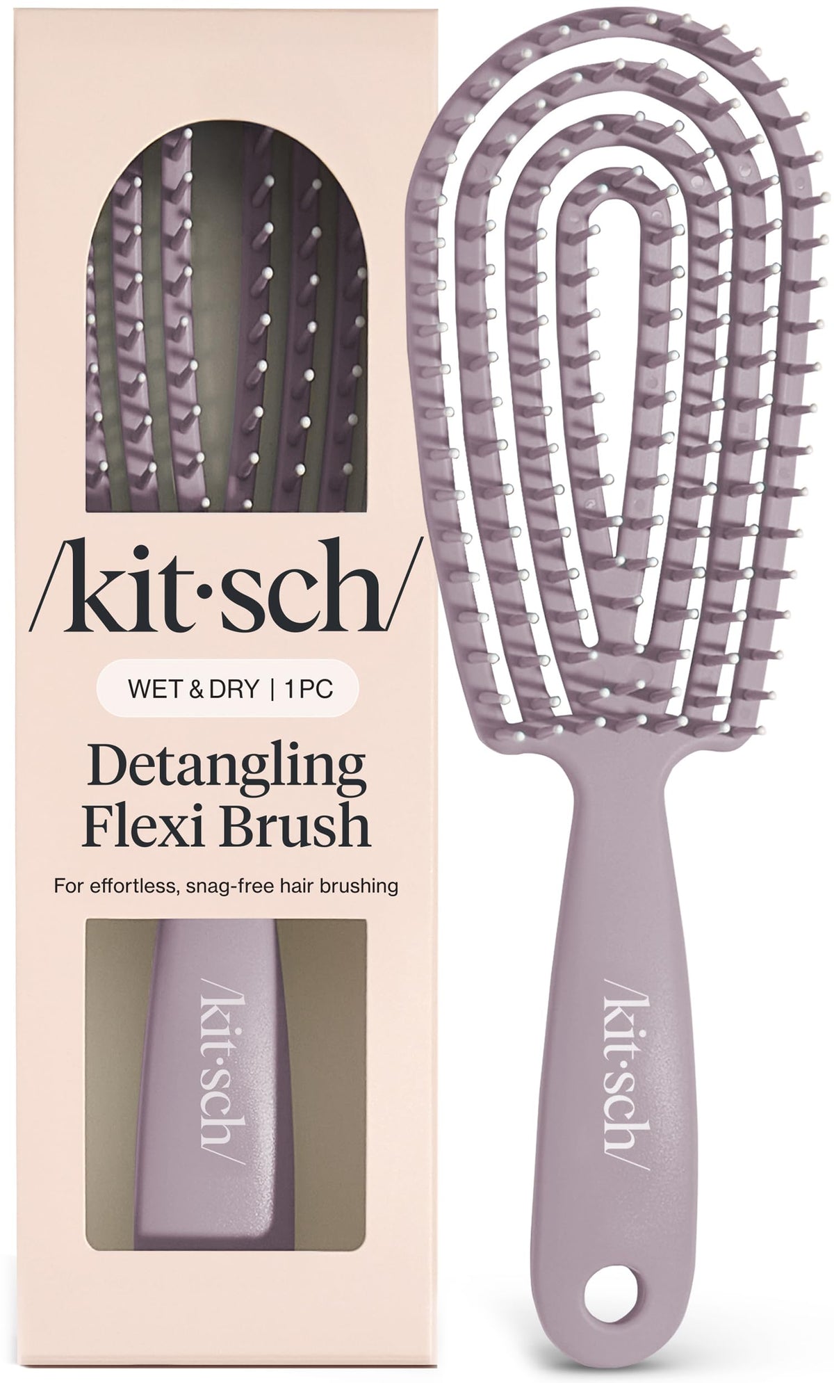 Kitsch brush front view showing soft violet finish and ergonomic shape for gentle detangling