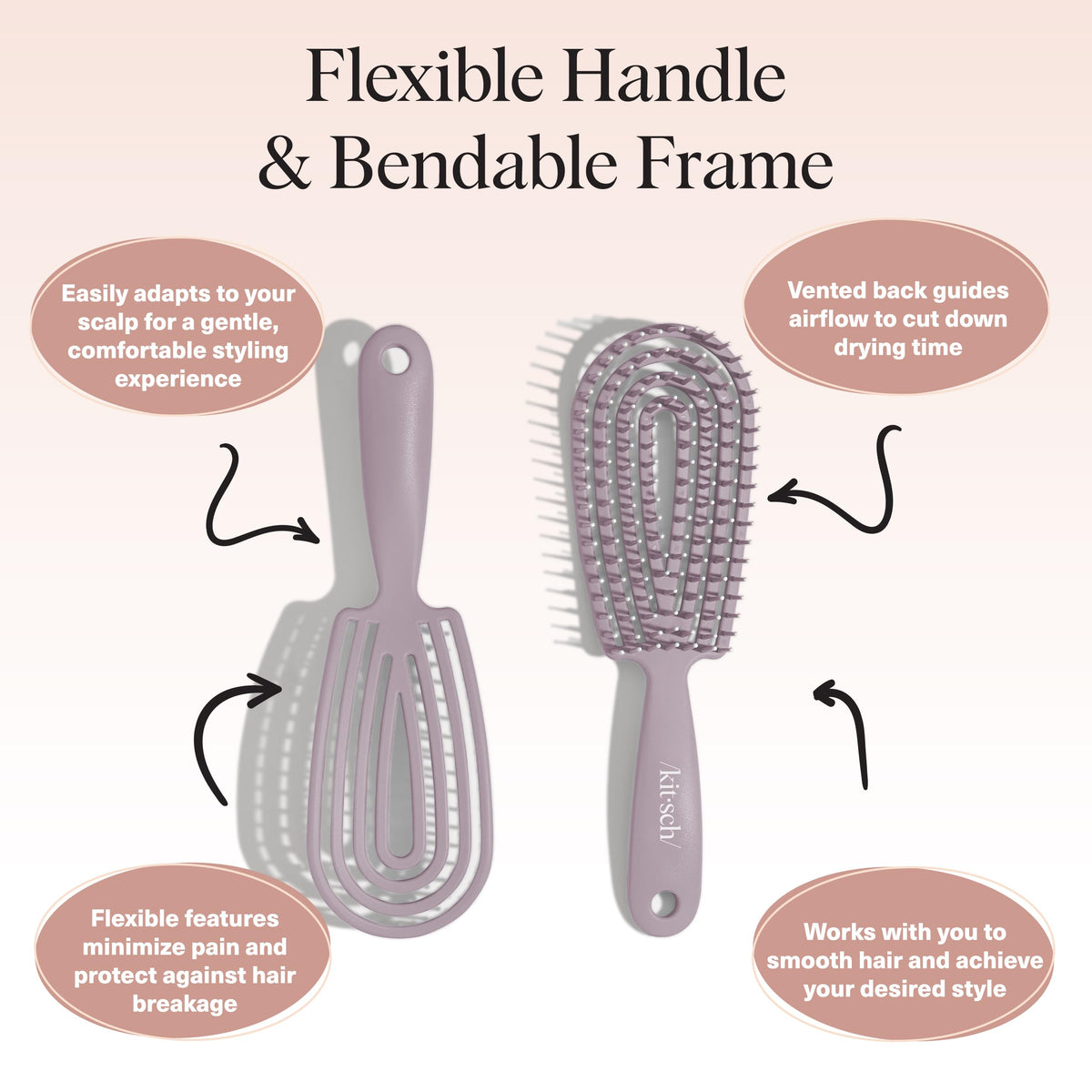 Kitsch brush held in hand to show compact size and easy handling for styling