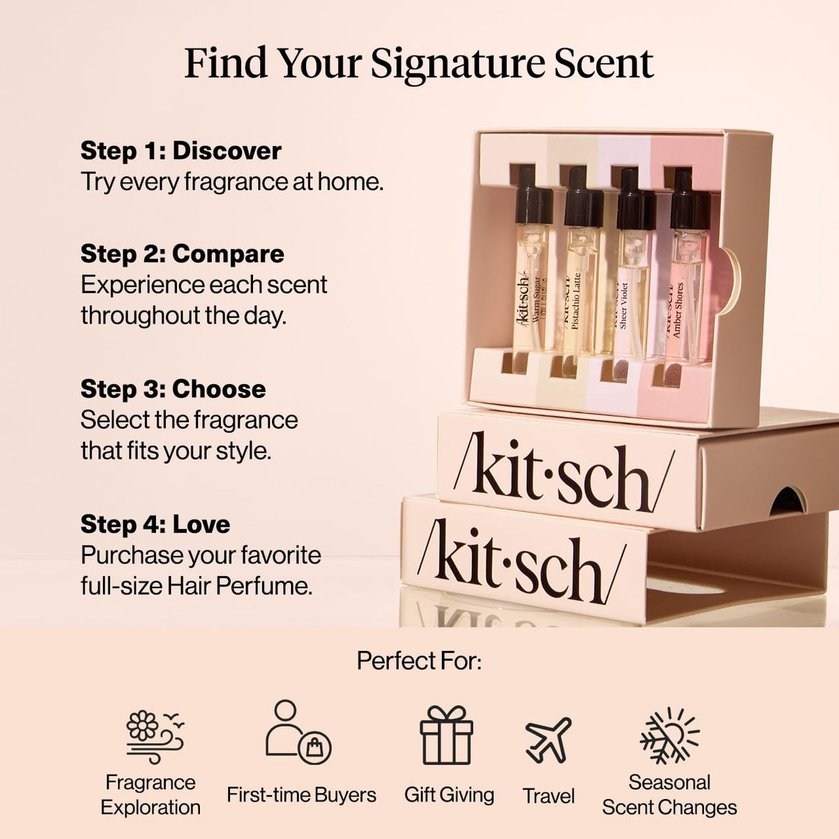 Kitsch four mini hair perfume sprays laid flat for easy scent sampling