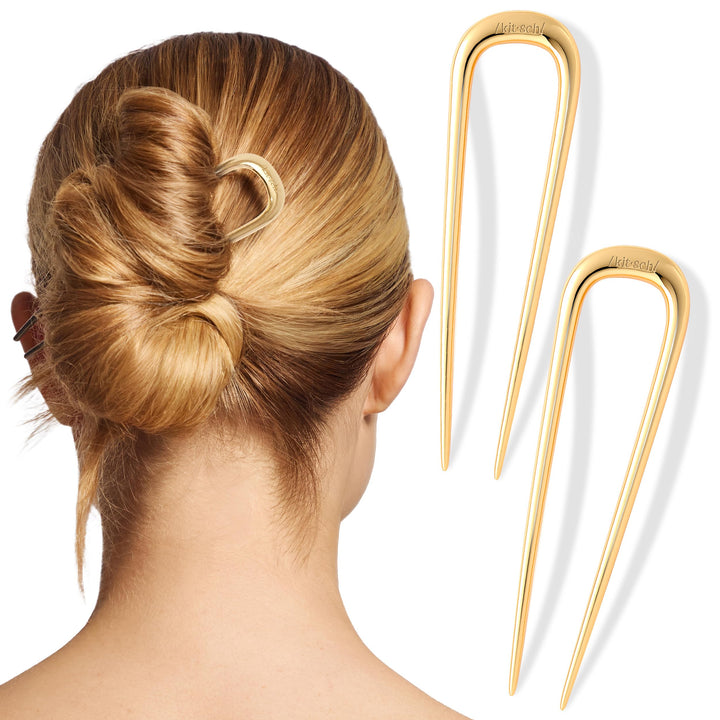 Kitsch gold hair pin front view showing slim U-shape and secure hold