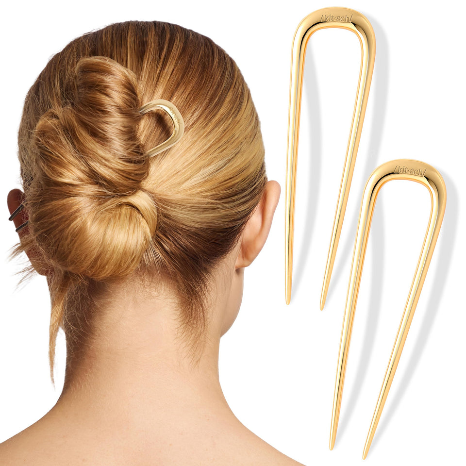 Kitsch gold hair pin front view showing slim U-shape and secure hold
