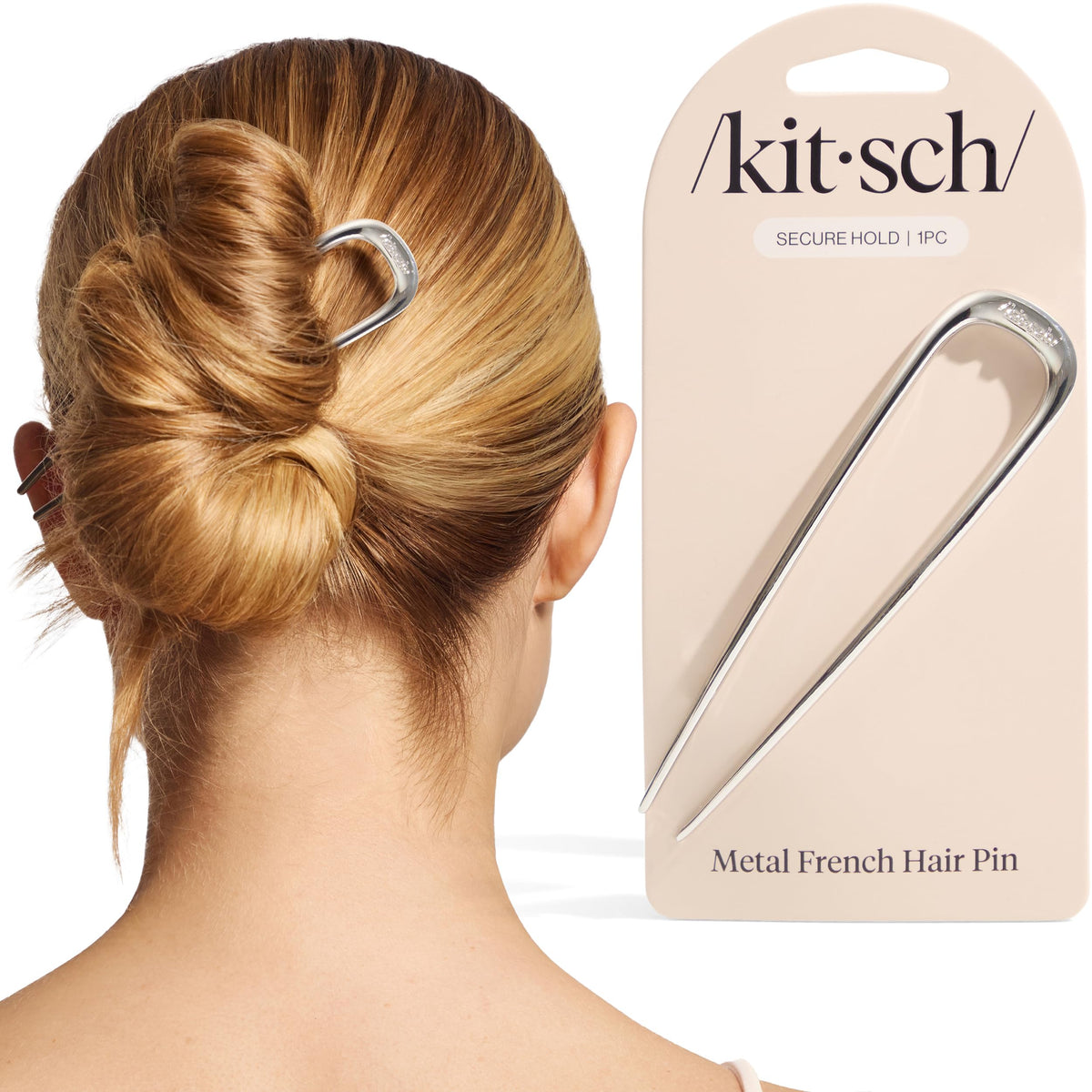 Kitsch front view of silver French hair pin showing slim U shape for secure hold