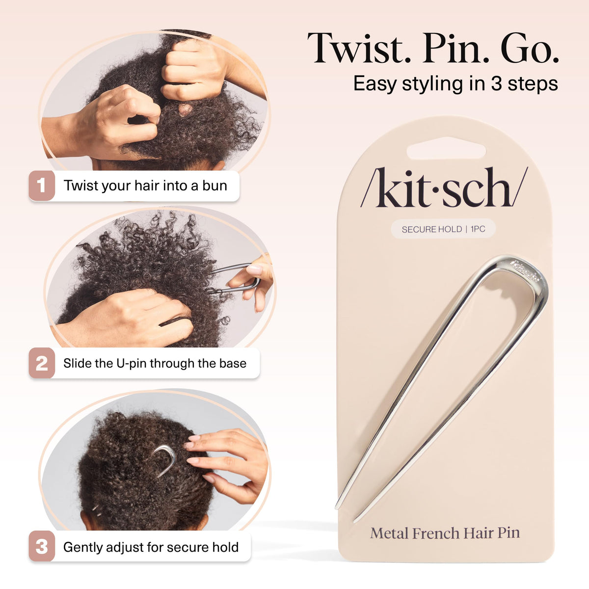 Kitsch hair pin used in styled updo on dressed woman adding elegant polish