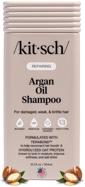 Kitsch front bottle of argan oil shampoo shows packaging and benefit
