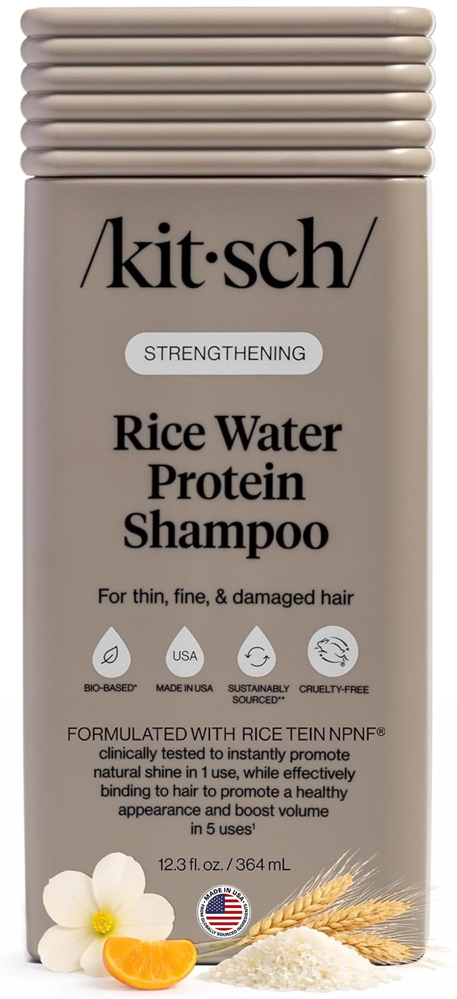 Kitsch front bottle showing strengthening rice water shampoo for fuller-looking hair