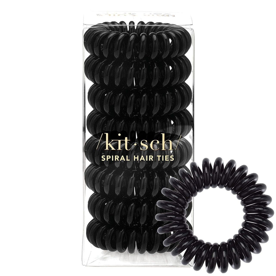 Kitsch front package showing eight black coiled hair ties, durable everyday hold