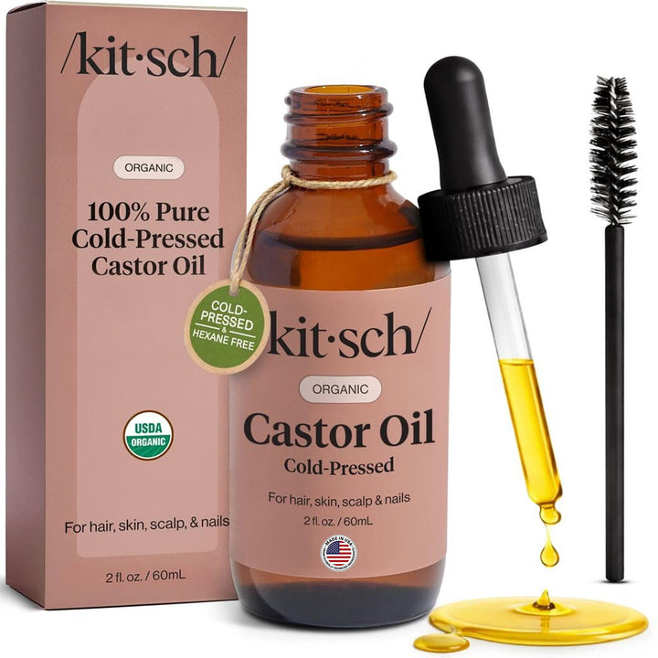 Kitsch glass bottle front view showing clean packaging and organic castor oil benefits