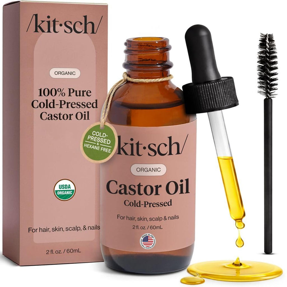 Kitsch glass bottle front view showing clean packaging and organic castor oil benefits