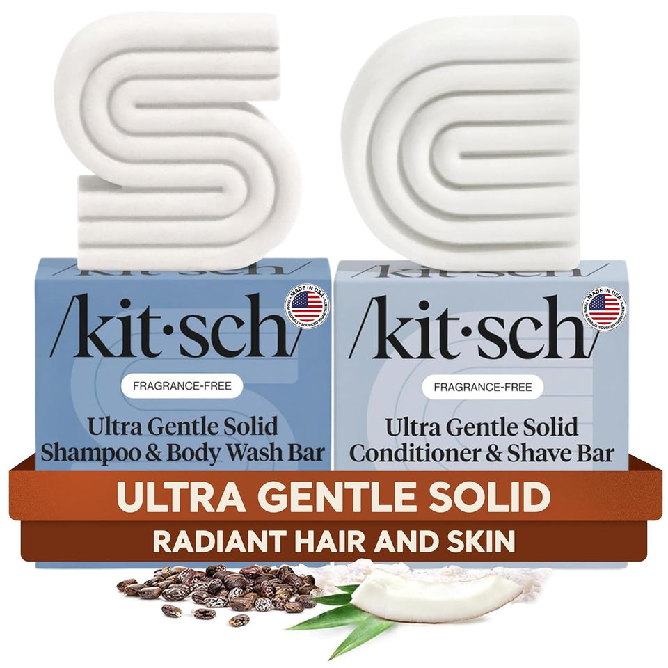 Kitsch front packaging of two fragrance-free bars showing compact eco-friendly benefits
