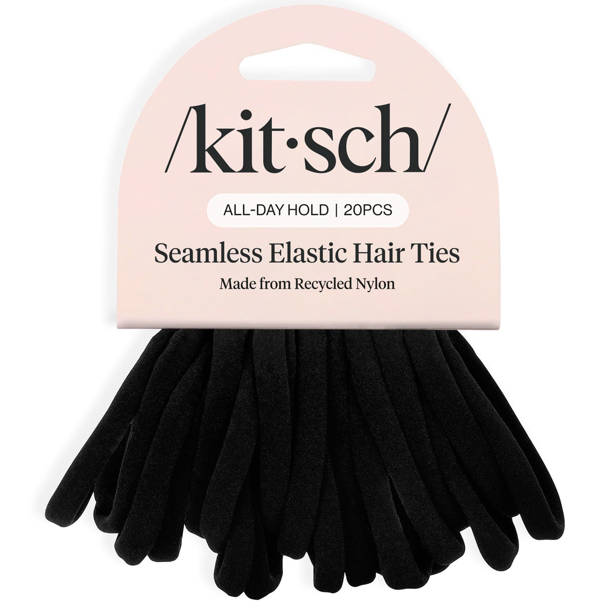 Kitsch front packaging showing 20 black nylon hair ties and clear count benefit
