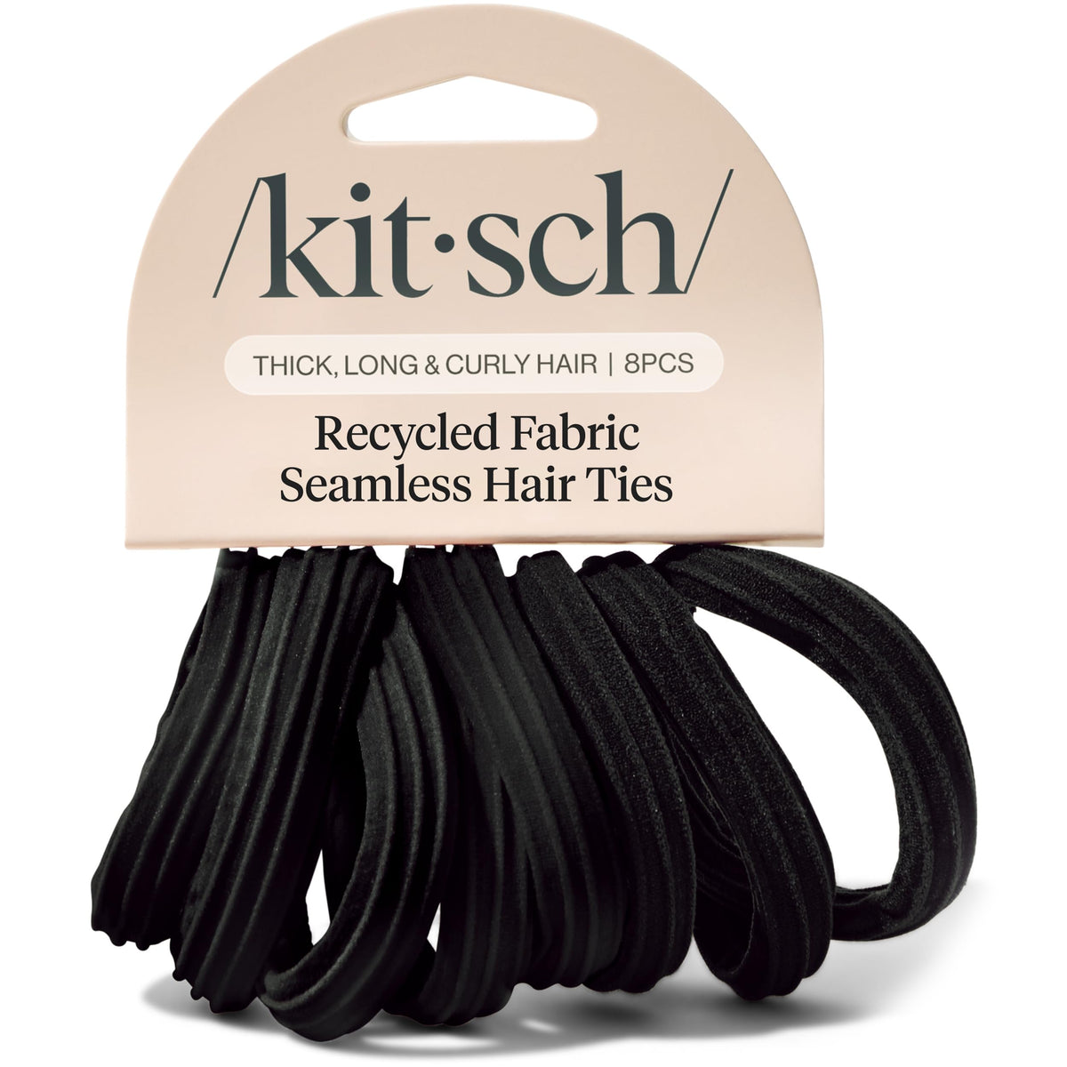 Kitsch front packaging showing eight black no-damage hair ties and benefits