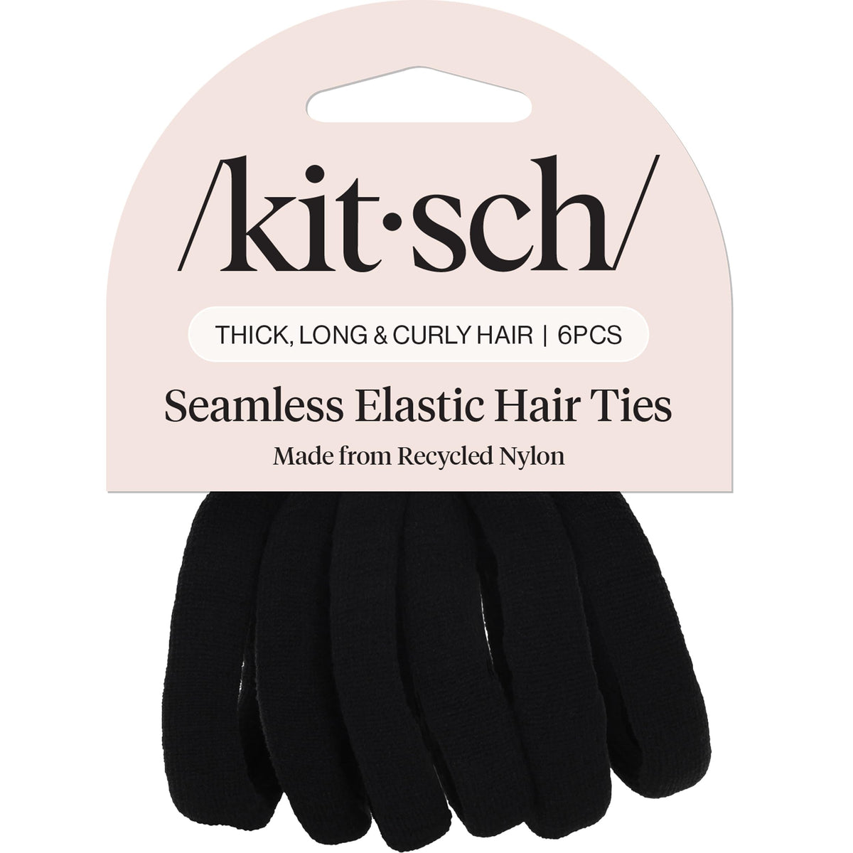 Kitsch front packaging showing six black hair ties, convenient storage benefit