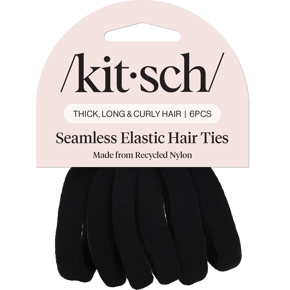 Kitsch front packaging showing six black hair ties, convenient storage benefit