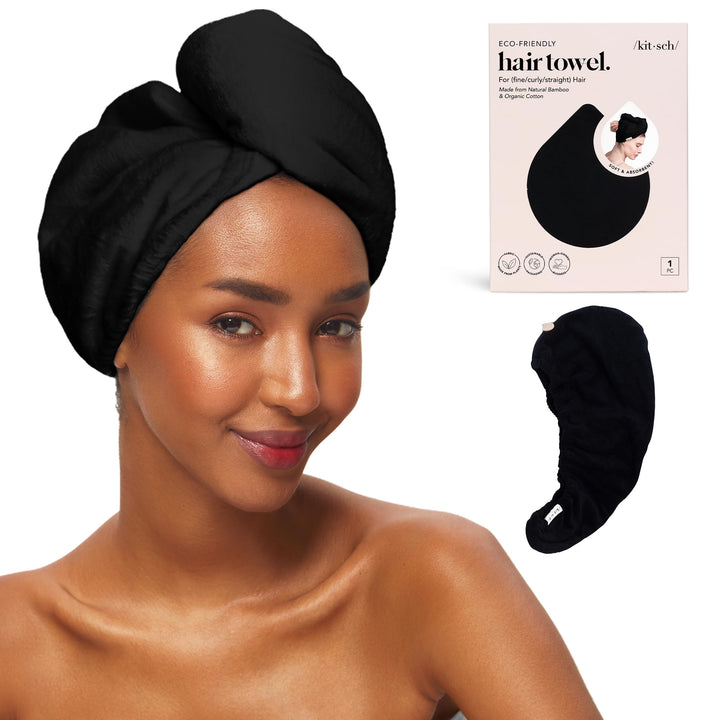 Kitsch front view of black microfiber hair wrap showing sleek design and fast drying