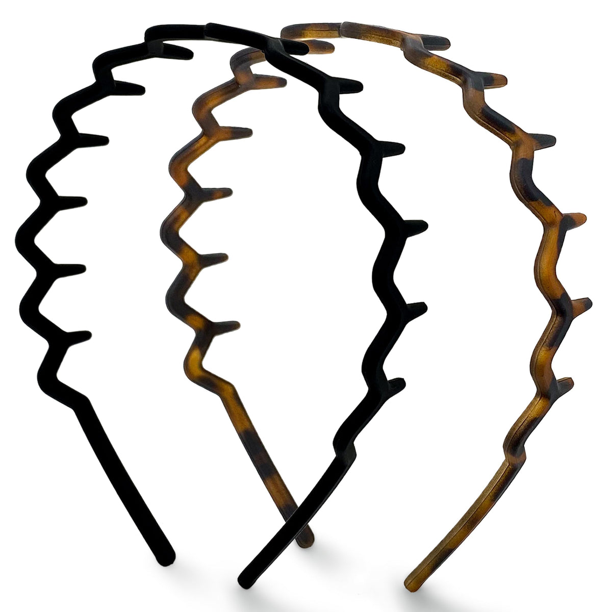 Kitsch front view of black and tortoise headbands showing pack contrast and ready-to-wear benefit