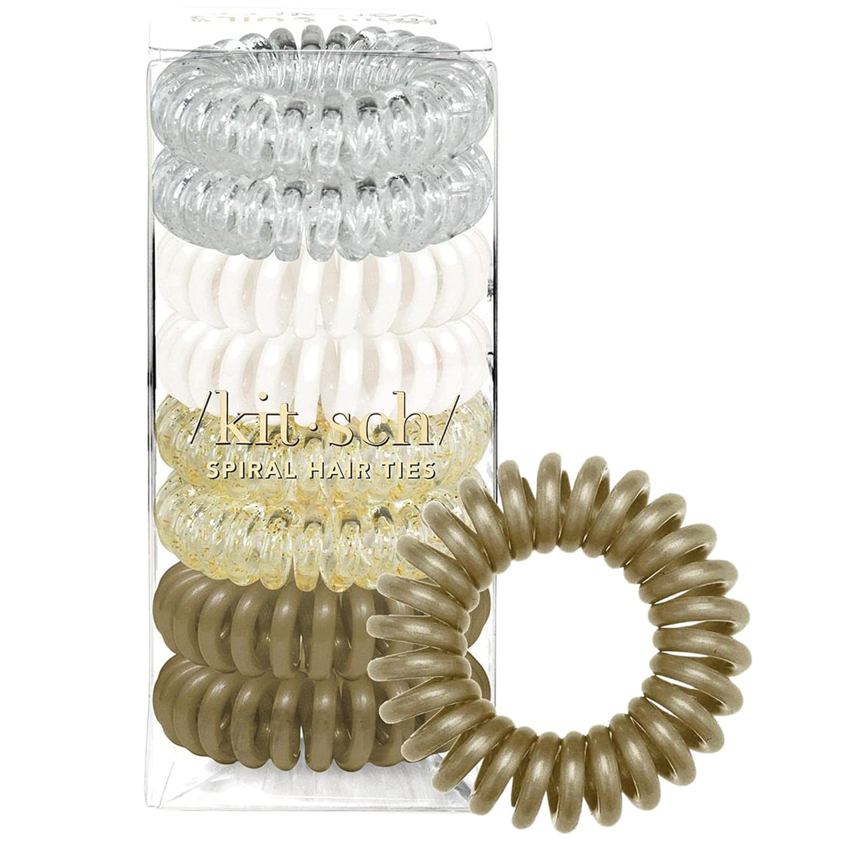 Kitsch front packaging showing eight blonde spiral hair ties and benefits