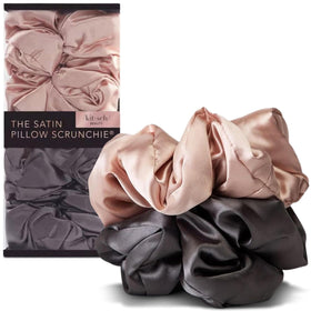 Kitsch front view of blush and charcoal scrunchies, elegant protective hold