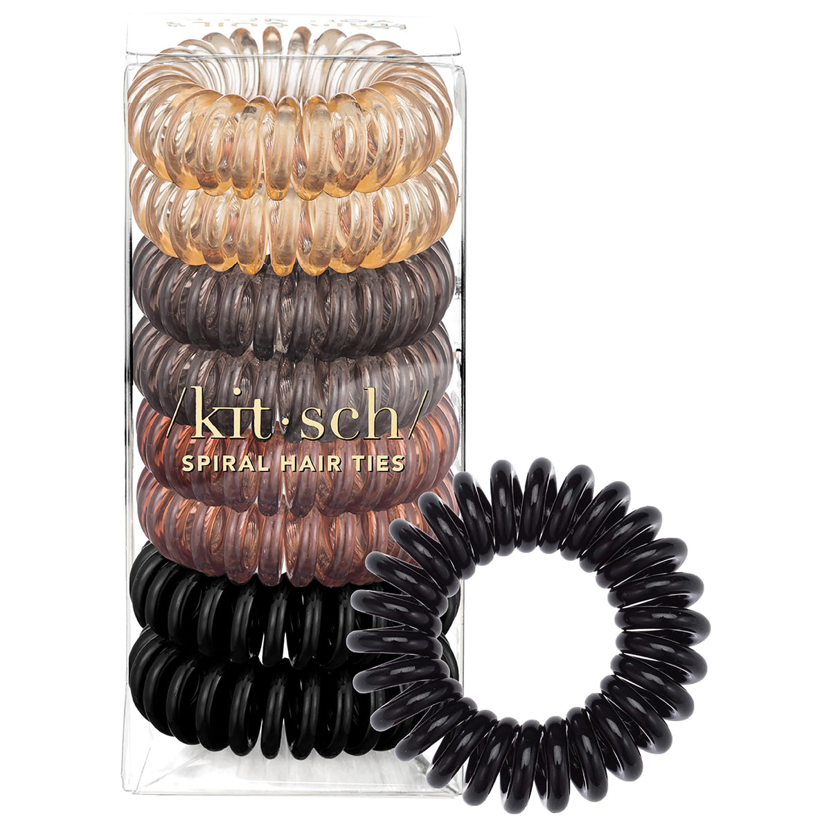 Kitsch front packaging showing brunette coiled hair ties and benefits