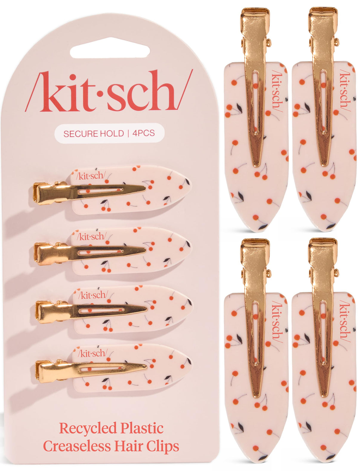 Kitsch cherry-print clips front view showing stylish, crease-free hold benefit