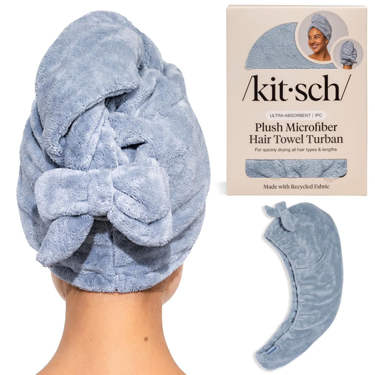 Kitsch front view of Coastal Blue towel wrap showing bow and absorbent fabric benefit