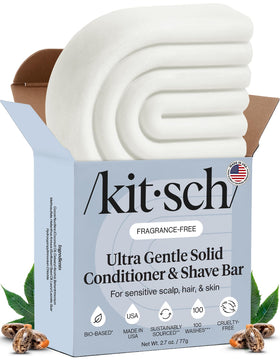Kitsch front packaging showing minimalist conditioner and shaving bar benefits