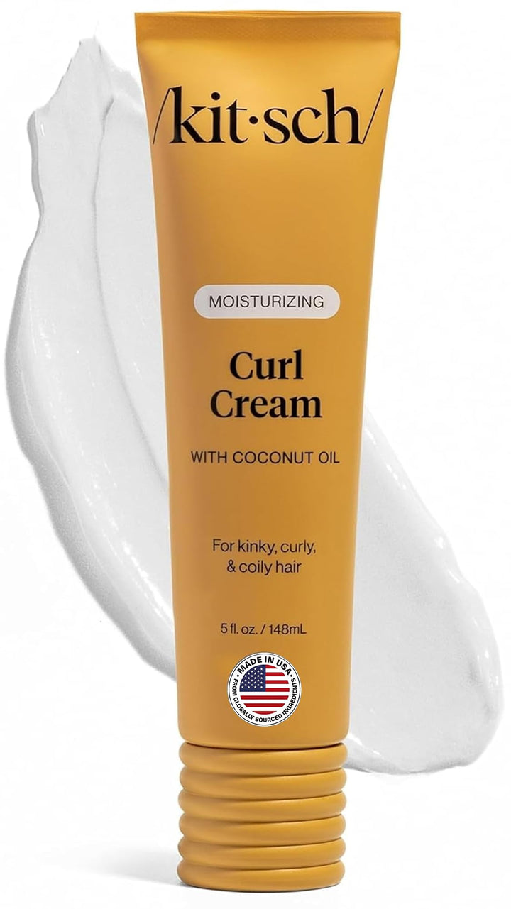Kitsch front packaging of curl cream showing jar and brand, highlighting easy styling
