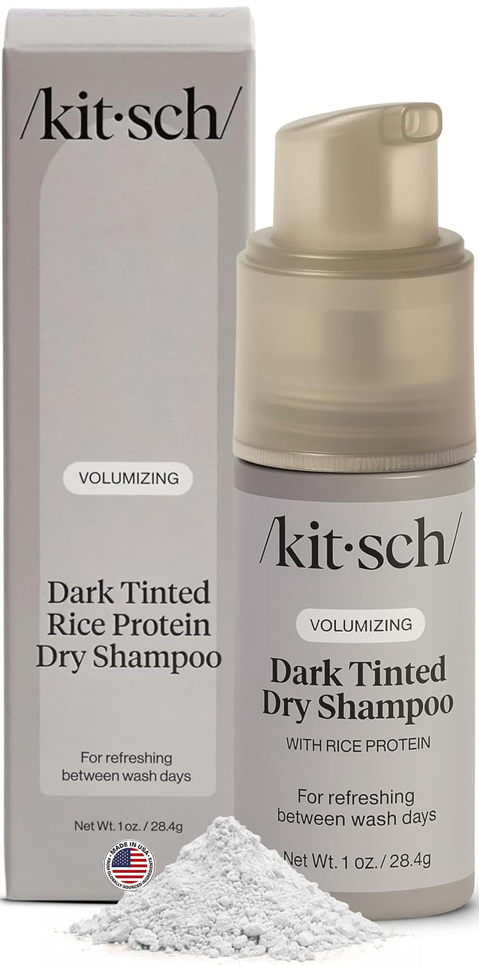 Kitsch front packaging showing dark-tinted dry shampoo benefits