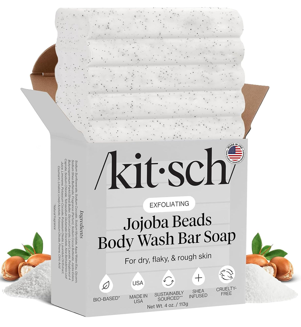 Kitsch front packaging of exfoliating body wash bar showing size and label benefit