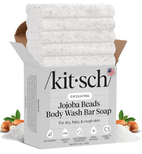 Kitsch front packaging of exfoliating body wash bar showing size and label benefit
