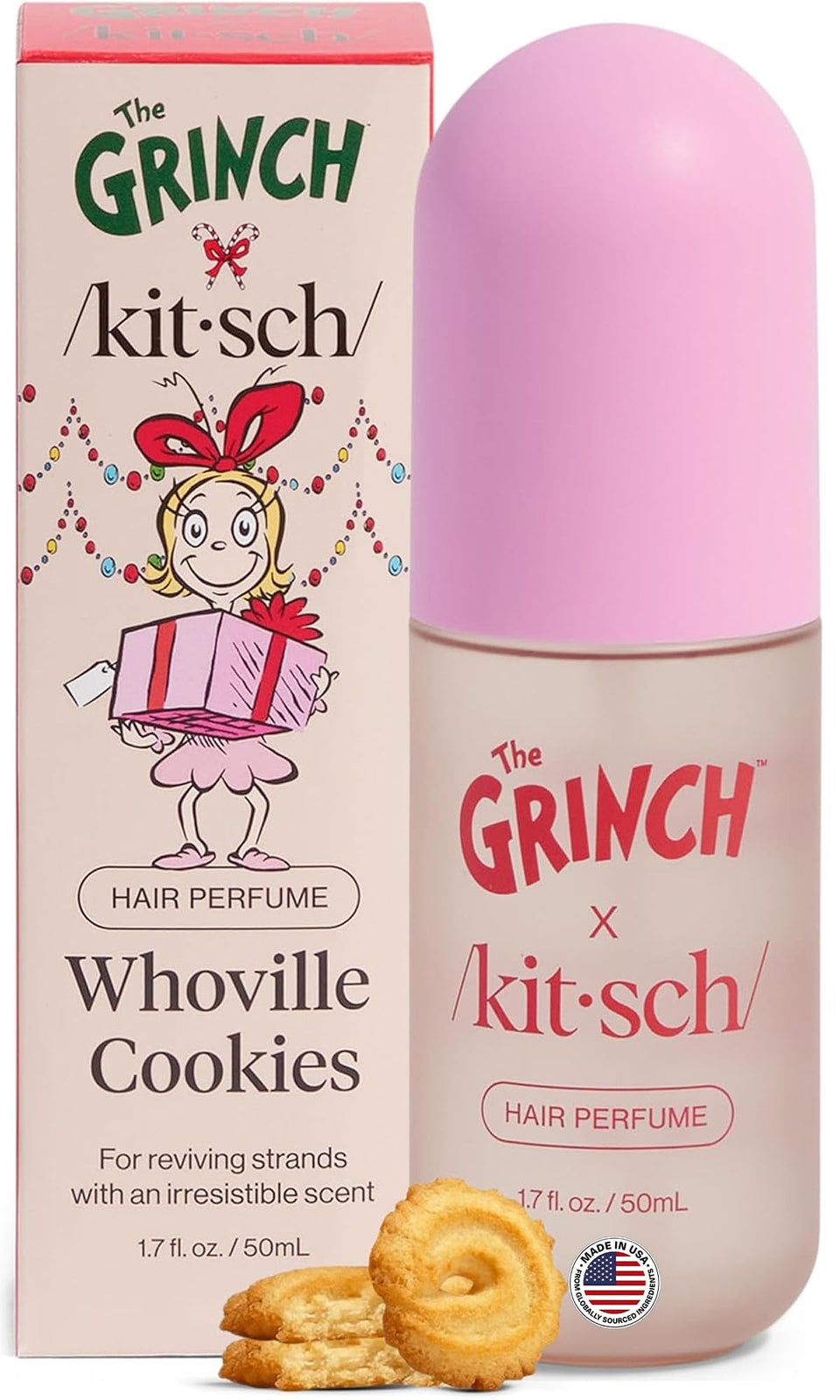 Kitsch front packaging showing compact travel-ready bottle and warm cookie scent benefit