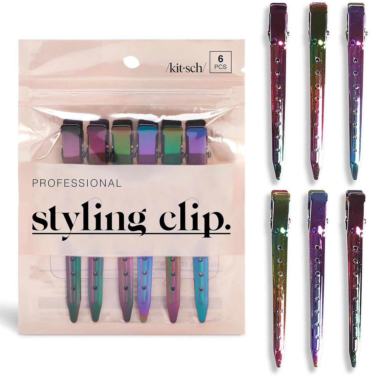 Kitsch front packaging showing iridescent 3.5" clips, durable storage benefit
