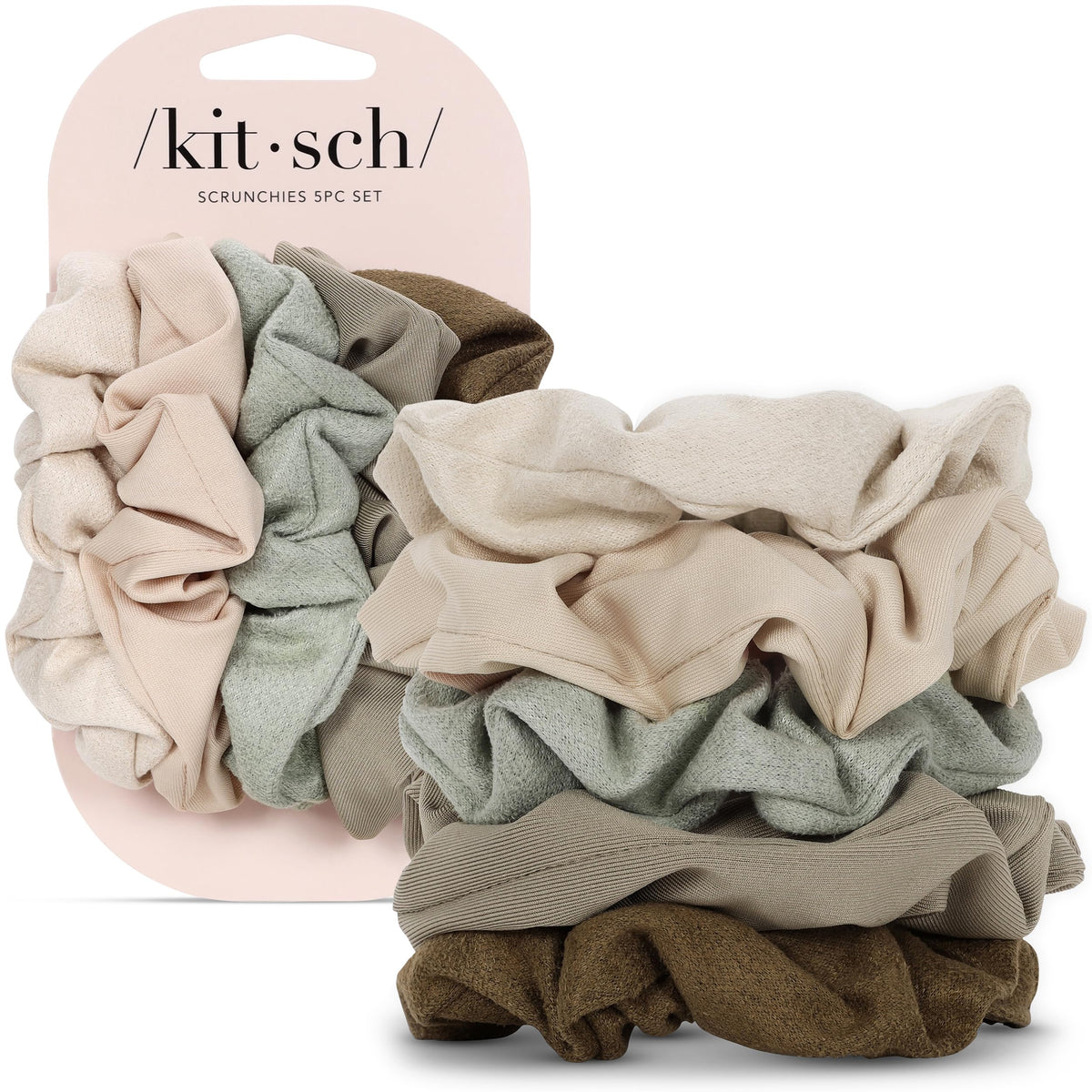 Kitsch front view of five moss green scrunchies showing coordinated set and convenience