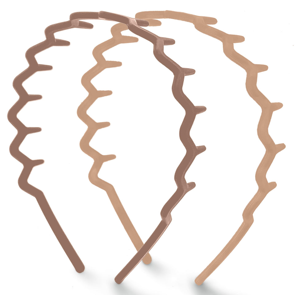 Kitsch front view of two neutral zig zag headbands showing compact pack for everyday styling
