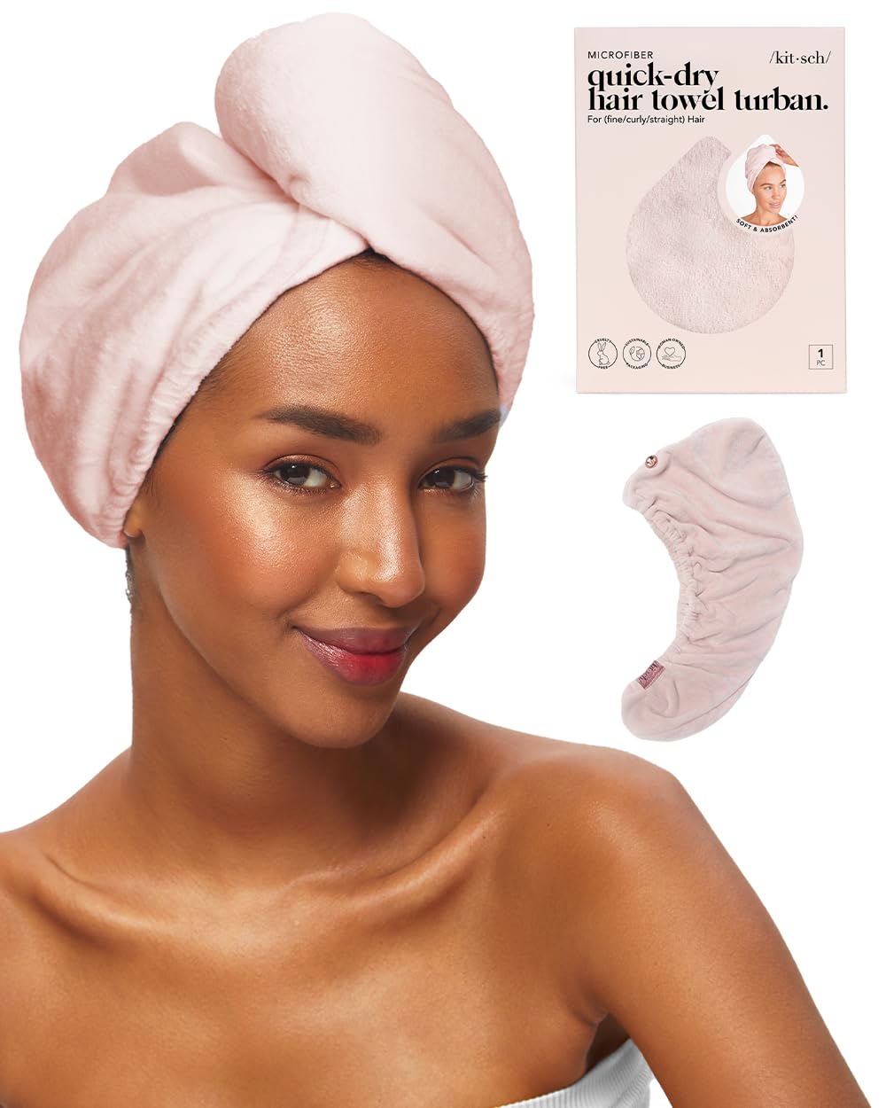 Kitsch front view of pink towel wrap showing color and compact design benefit
