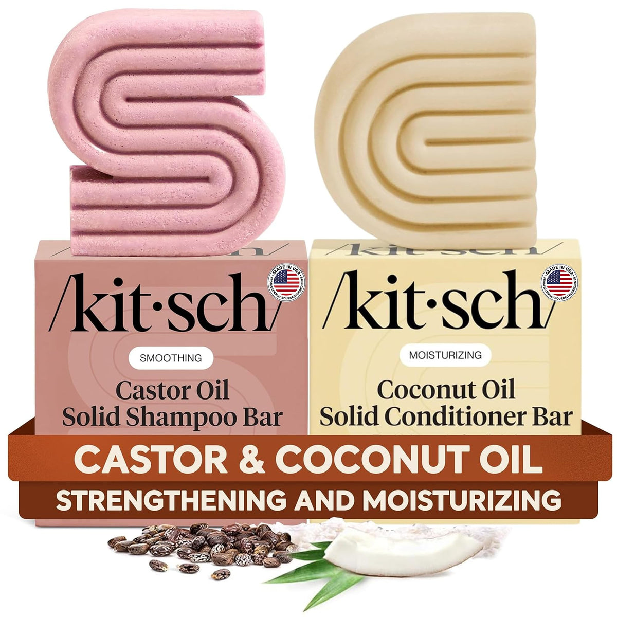 Kitsch front packaging set showing eco-friendly hair bars and benefits