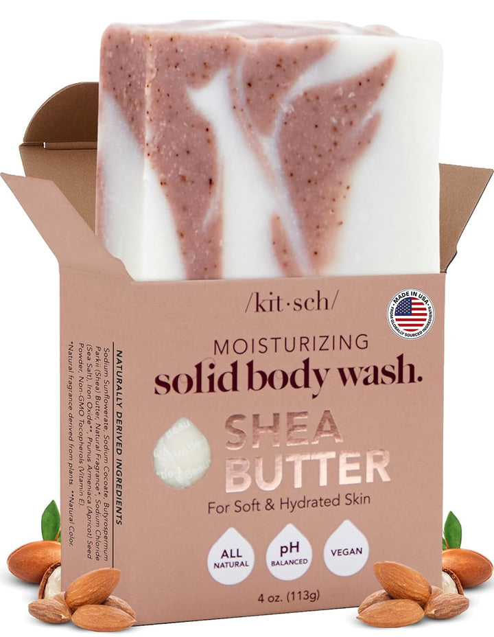 Kitsch front packaging showing shea exfoliating bar and benefits