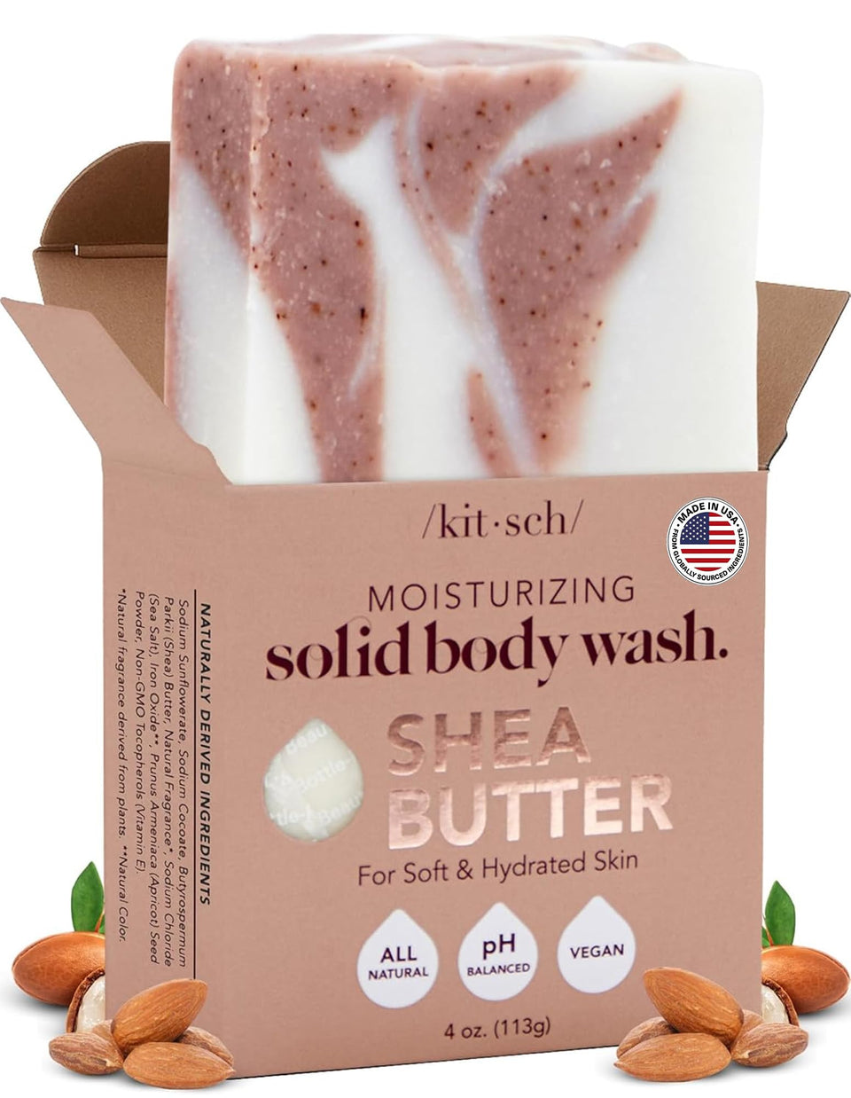 Kitsch front packaging showing shea exfoliating bar and benefits