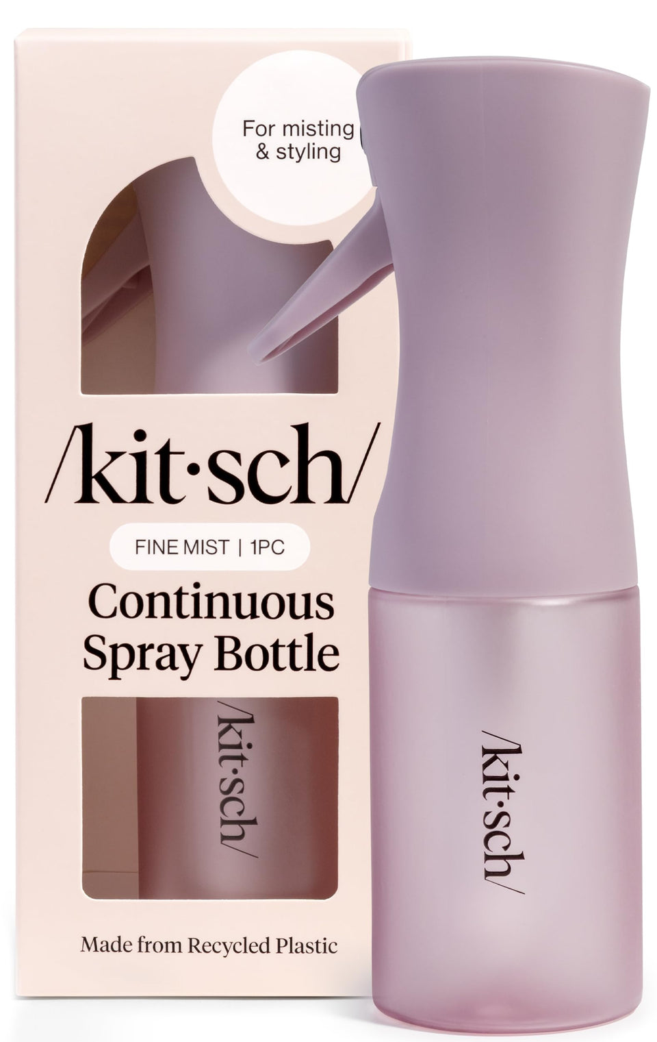 Kitsch front view of sheer violet continuous spray bottle showing slim profile and cap