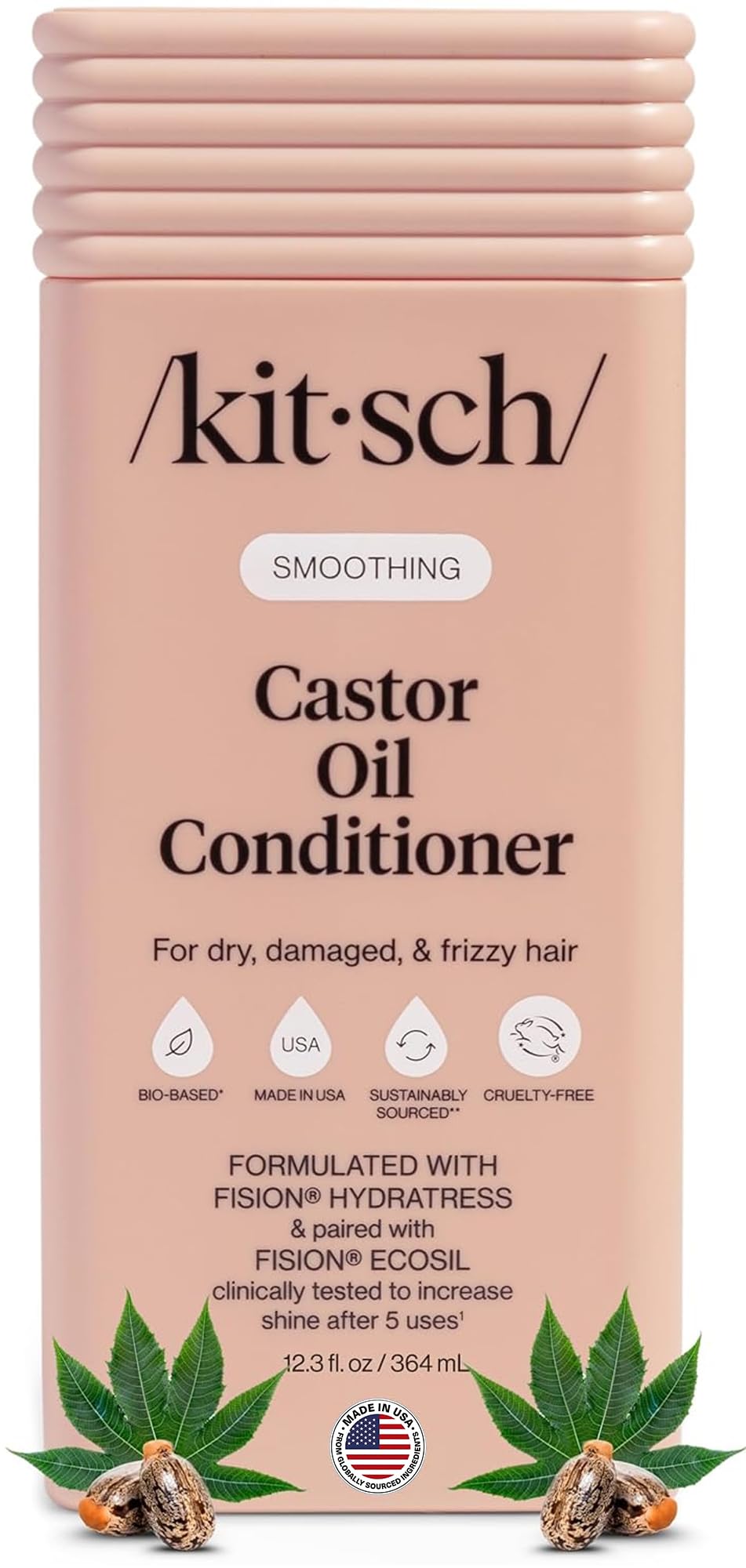 Kitsch front bottle showing label and smoothing castor oil benefit