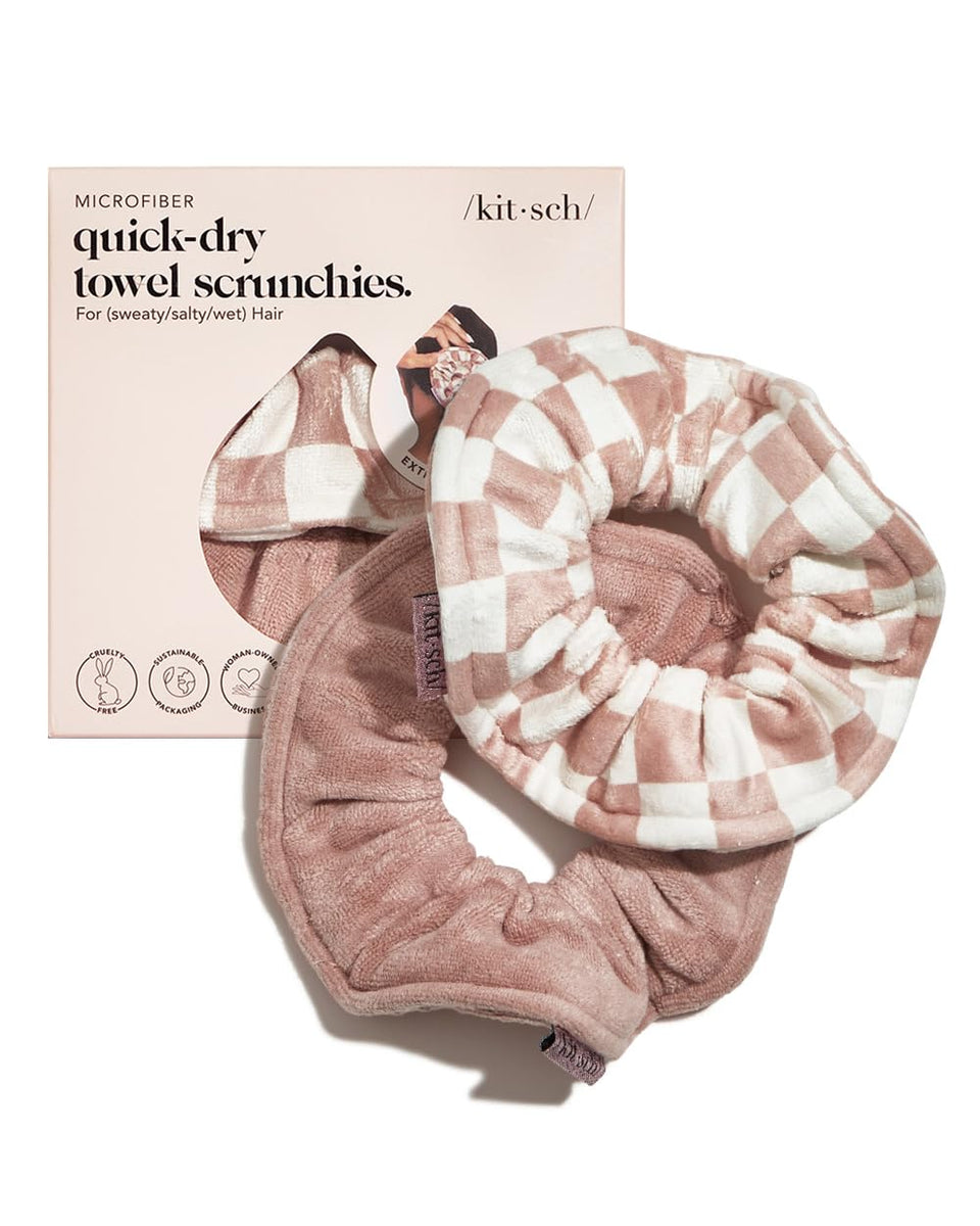 Kitsch front view of terracotta and checkered scrunchies showing colors and packaging, easy grab