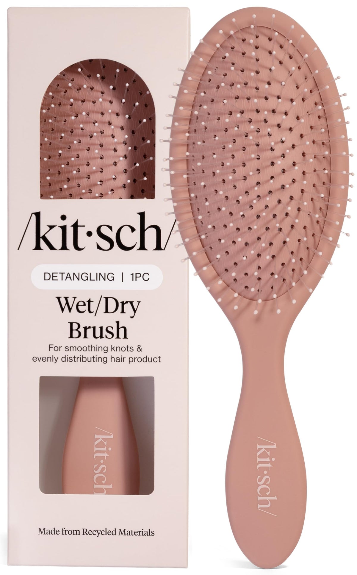 Kitsch front view of terracotta detangler showing compact shape and color benefits