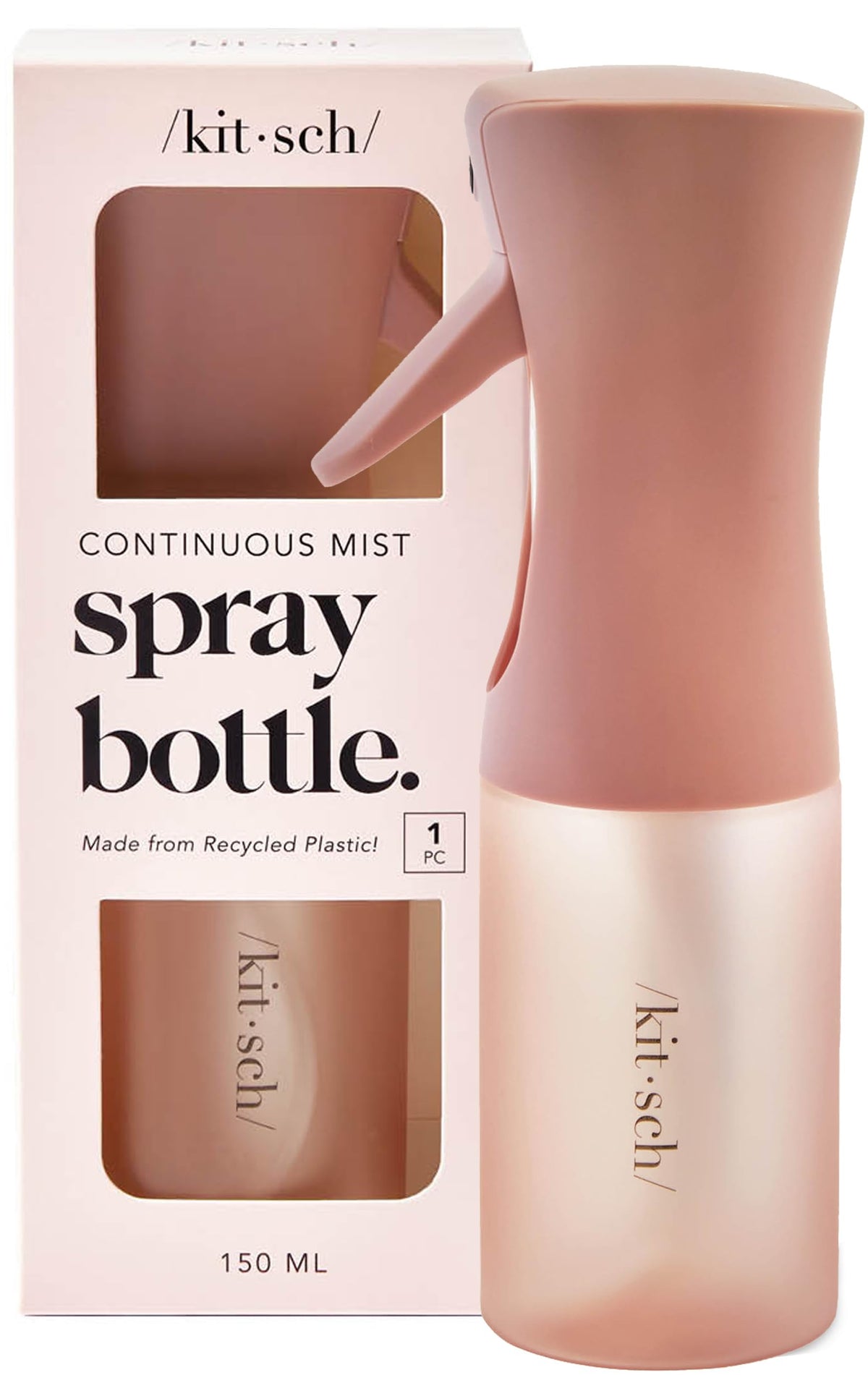 Kitsch front view of terracotta 150ml mist bottle showing sleek shape and refillable cap, portable benefit